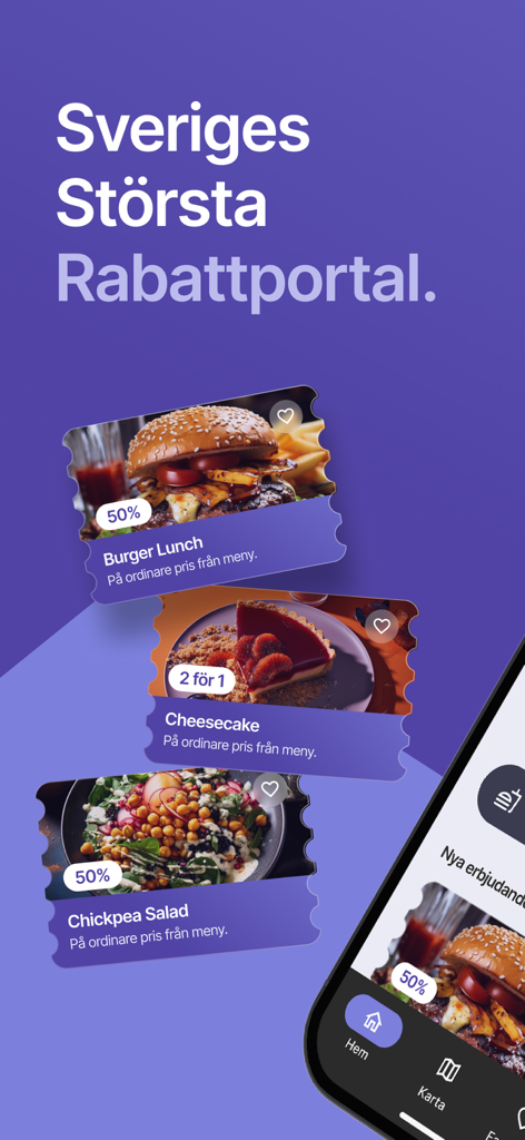 Mobile app screen for RC-Appen showing restaurant discount vouchers and a navigation menu