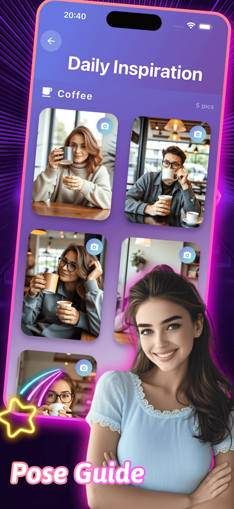Mobile app interface showing daily inspiration for photography poses in a coffee shop setting