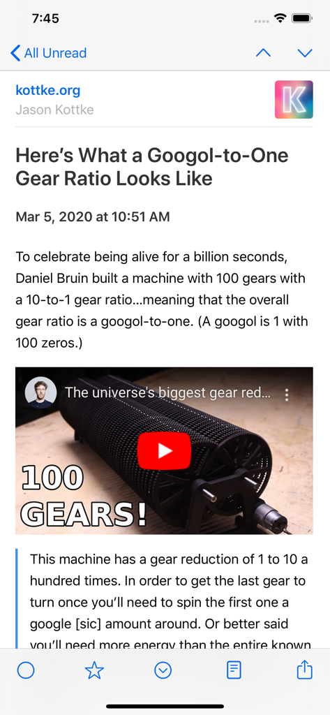 NetNewsWire RSS reader article view showing a blog post from kottke.org on an iPhone.