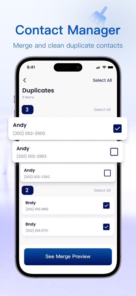 Now Cleaner: AI Photo Cleaner - Interfaz de la aplicación Now Cleaner que muestra cómo fusionar y limpiar contactos duplicados en un iPhone