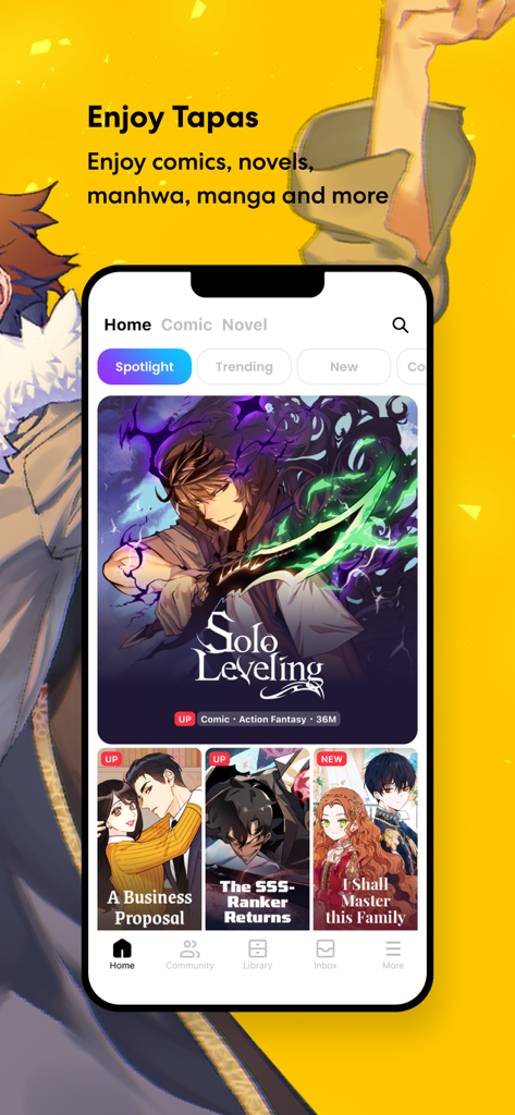 Tapas – Comics and Novels - A screenshot of the Tapas mobile app home screen featuring popular manhwa titles like Solo Leveling and A Business Proposal.