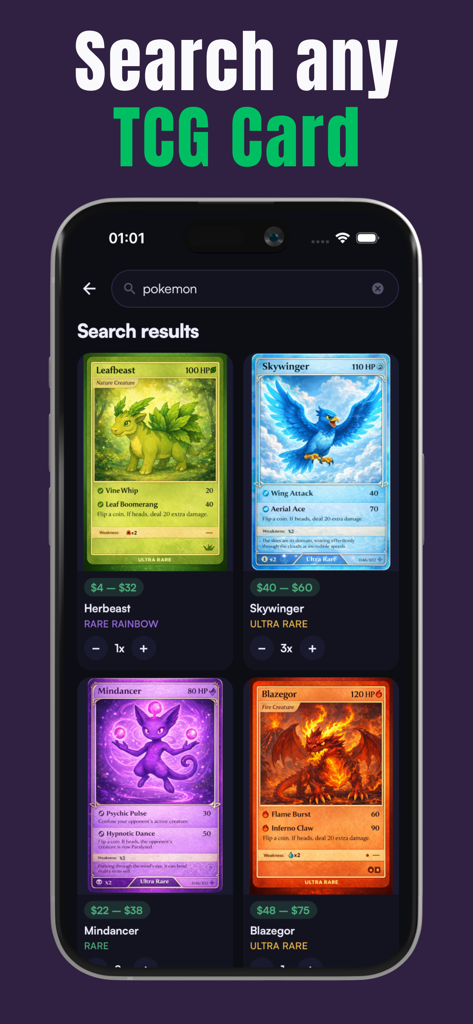 Cardex - TCG Card Scanner - Mobile app screen showing search results for trading cards with price ranges and rarities
