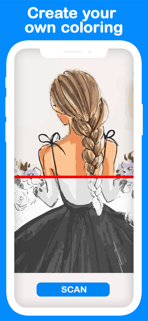 Smartphone showing the scan feature turning a physical drawing of a woman into a digital coloring page