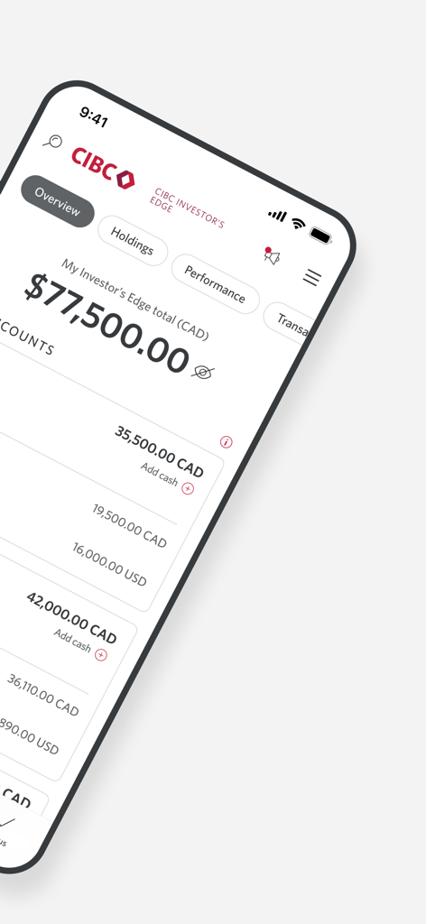 CIBC Mobile Wealth - Écran de présentation du compte de l'application CIBC Mobile Wealth montrant le solde total du portefeuille.