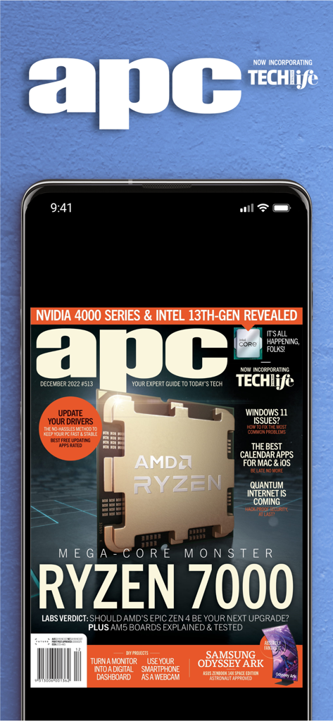 Digital cover of APC Australia magazine featuring AMD Ryzen 7000 and PC hardware news on a smartphone screen.