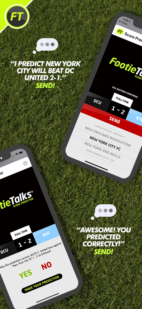 草原の背景にMLSサッカー試合の予測と結果共有を表示するスコア予測FootieTalksアプリのインターフェース