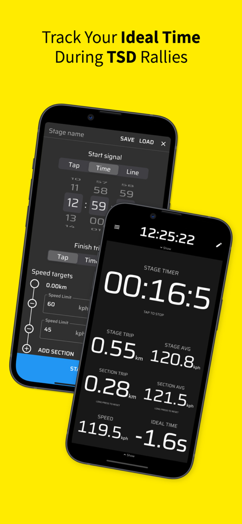 Rally Tripmeter - Two smartphones displaying the Rally Tripmeter app interface for tracking ideal time and stage performance during a TSD rally.