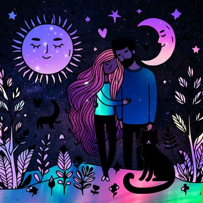 couple in love with a black cat and nature and the moon and stars and sun