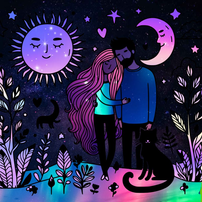 couple in love with a black cat and nature and the moon and stars and sun