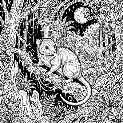 Explore a captivating blend of ancient history and dark fantasy with this Gothic Early Mammals coloring page. Immerse yourself in a richly detailed prehistoric jungle scene where a small, furry creature observes its world under a mysterious moonlit sky.