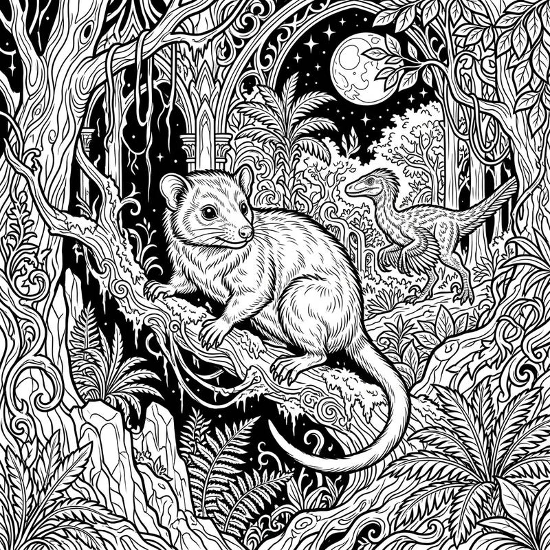 Explore a captivating blend of ancient history and dark fantasy with this Gothic Early Mammals coloring page. Immerse yourself in a richly detailed prehistoric jungle scene where a small, furry creature observes its world under a mysterious moonlit sky.