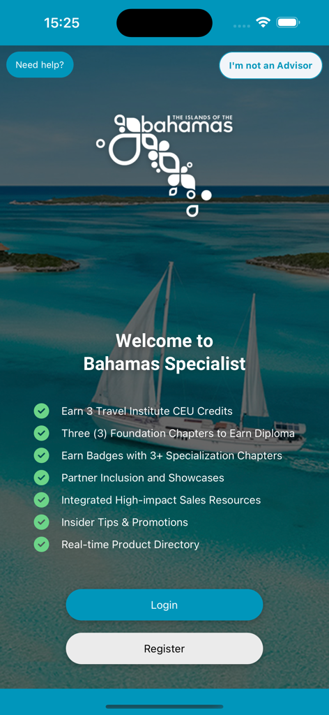 Welcome screen of the Bahamas Specialist app for travel advisors featuring professional training benefits