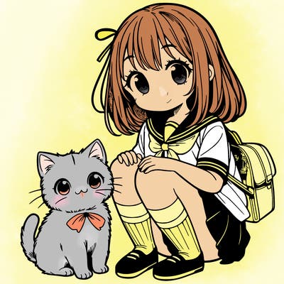 manga girl with pet cat