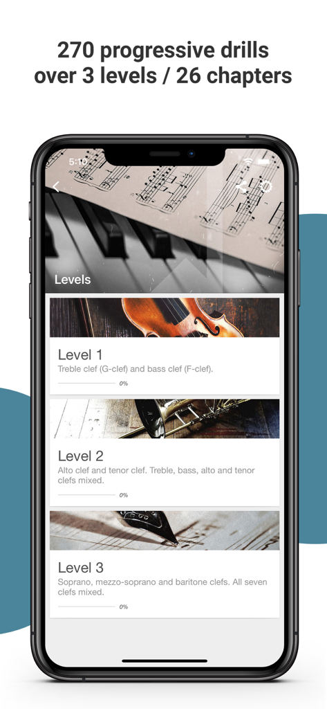 Complete Music Reading Trainer - App screen showing progressive music reading drills across three levels