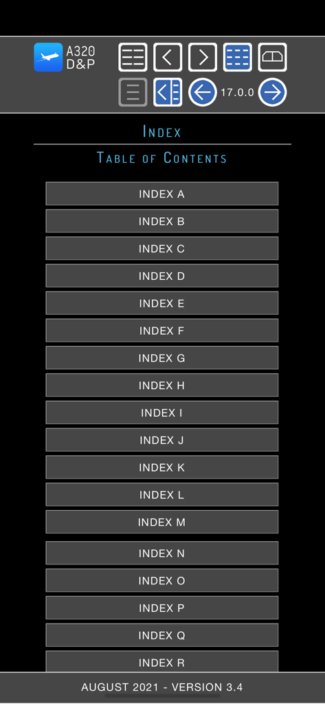 Index and Table of Contents screen of the A320 Displays and Panels app