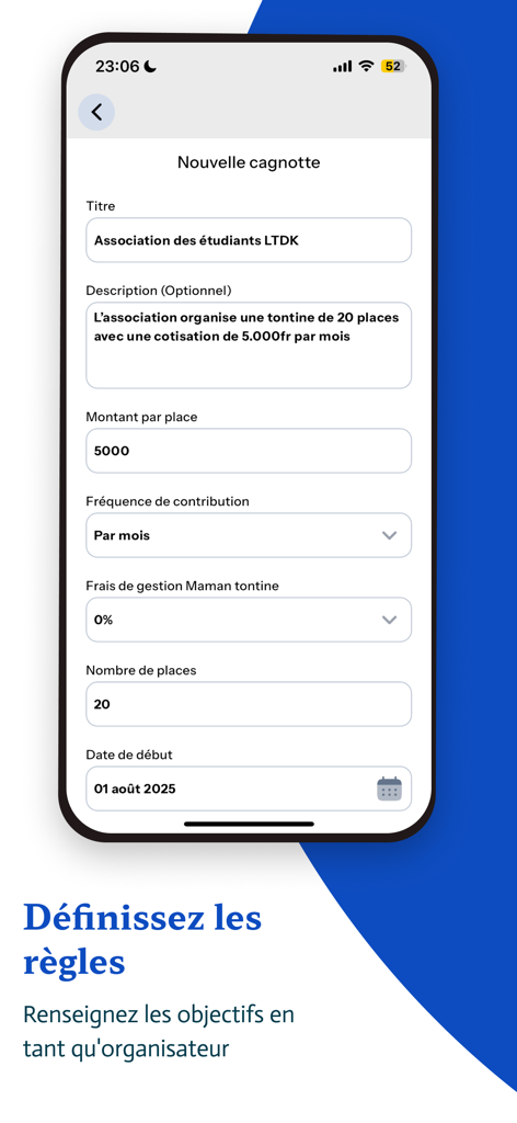Maman Tontine - Interface for setting up a new tontine savings group in the Maman Tontine app.