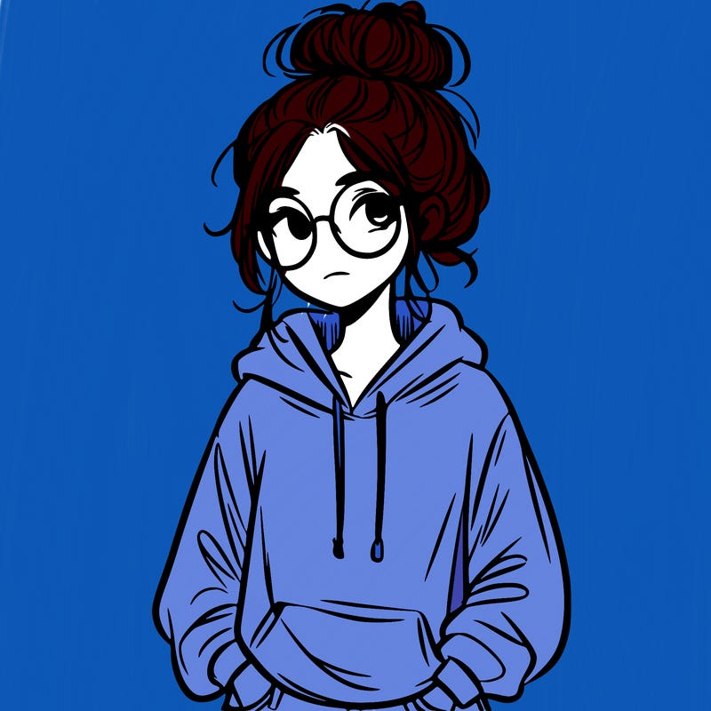 teen girl with a messy bun and glasses wearing a loose hoodie and jeans