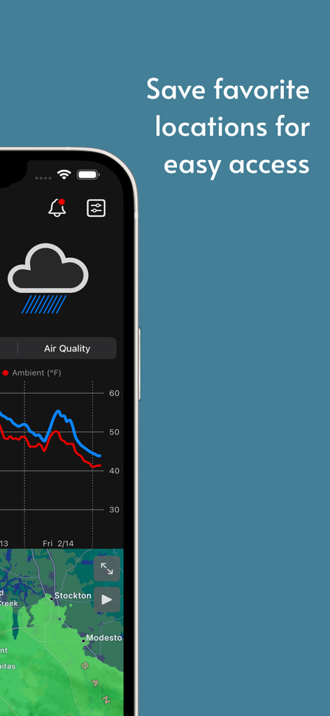 Weather Basic - 온도 추세와 즐겨찾는 위치를 저장하는 옵션이 있는 날씨 지도를 보여주는 날씨 기본 앱 인터페이스