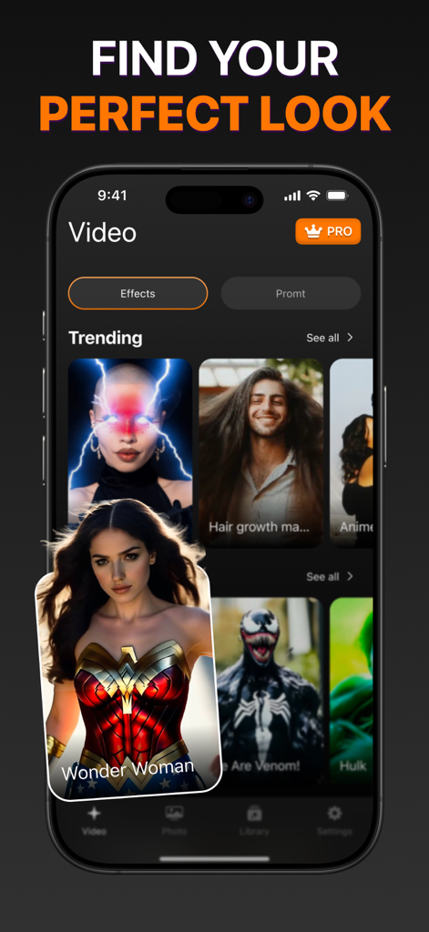 VideoVerse - AI Effects - VideoVerse app interface showing trending AI video effects and a Wonder Woman transformation feature