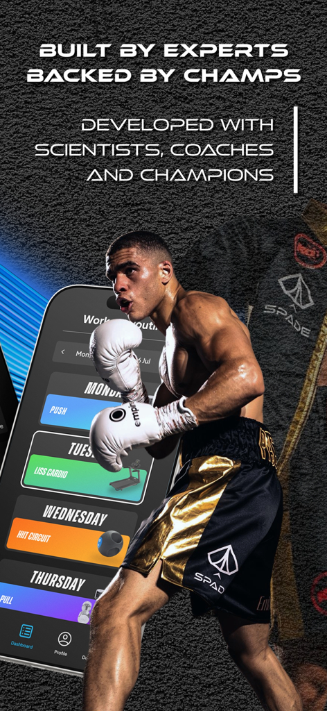 Spade.Fit - Adaptive Workouts - Spade.Fit mobile app interface showing a personalized weekly workout routine with an athlete in the background