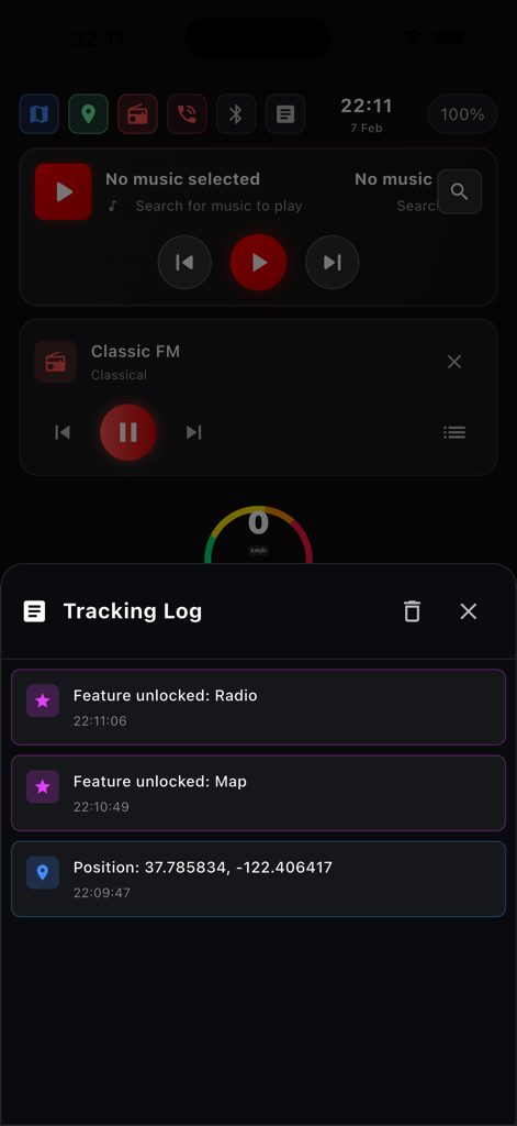 GPS Speedometer Tracker Free - A dark themed mobile app interface showing a tracking log with location coordinates and unlocked navigation features.