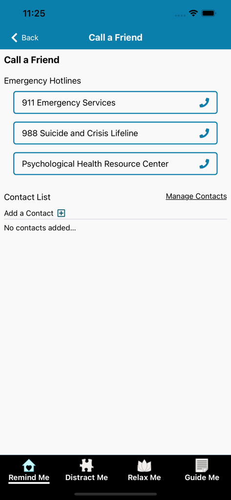 Virtual Hope Box (new) - Screenshot of the Call a Friend screen in the Virtual Hope Box app showing emergency hotlines including 911 and the 988 Suicide and Crisis Lifeline.