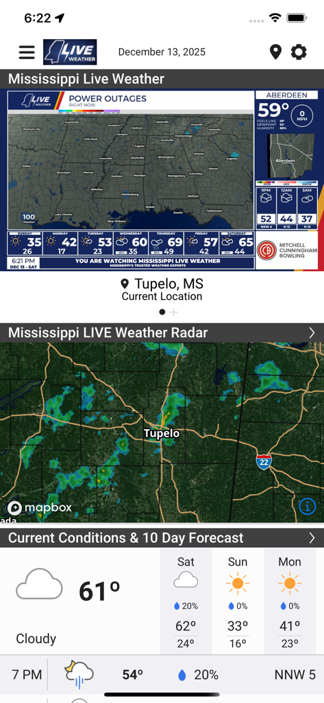 Mississippi LIVE Weather - Interface de l'application Météo LIVE Mississippi montrant un flux en direct, un radar local pour Tupelo et des prévisions météorologiques sur 10 jours.