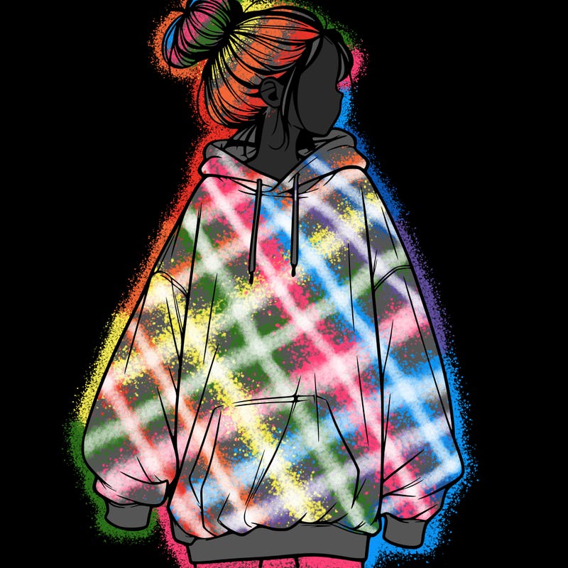 realistic girl with a oversized sweatshirt on and a bun