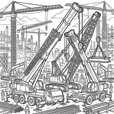 Unleash your inner architect with this dynamic Mobile Cranes coloring page, showcasing a bustling construction site filled with powerful machinery. Enjoy bringing these towering giants to life with your favorite colors.