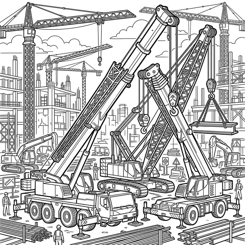 Unleash your inner architect with this dynamic Mobile Cranes coloring page, showcasing a bustling construction site filled with powerful machinery. Enjoy bringing these towering giants to life with your favorite colors.