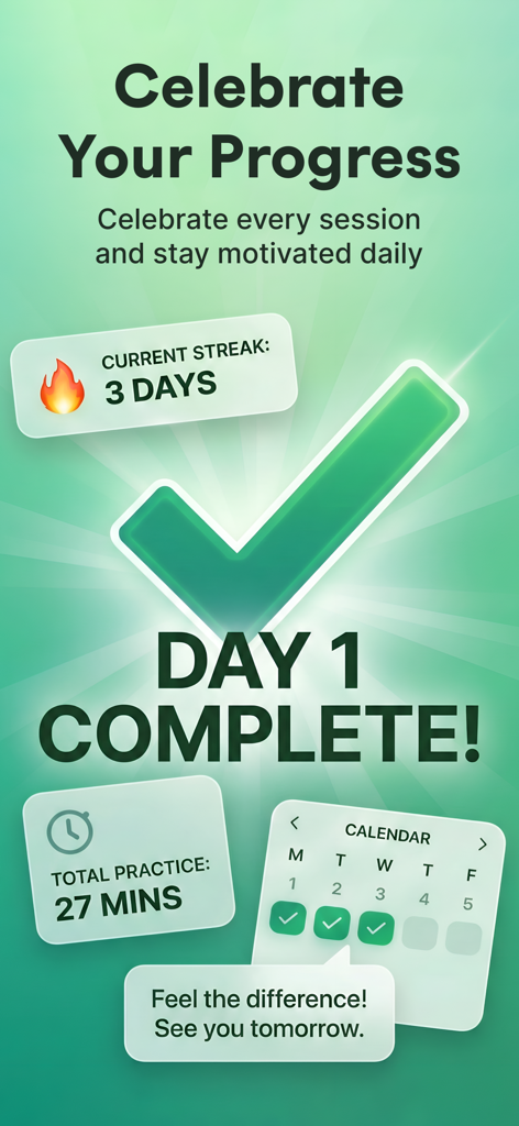 Tai Chi Workout for Seniors - Captura de pantalla de la aplicación Tai Chi Workout para Mayores que muestra el progreso diario, la racha actual y el seguimiento de los minutos de práctica