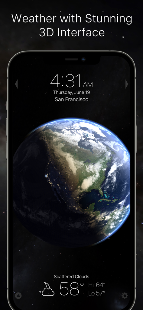 Living Earth app displaying a 3D globe with San Francisco time and weather conditions on a smartphone