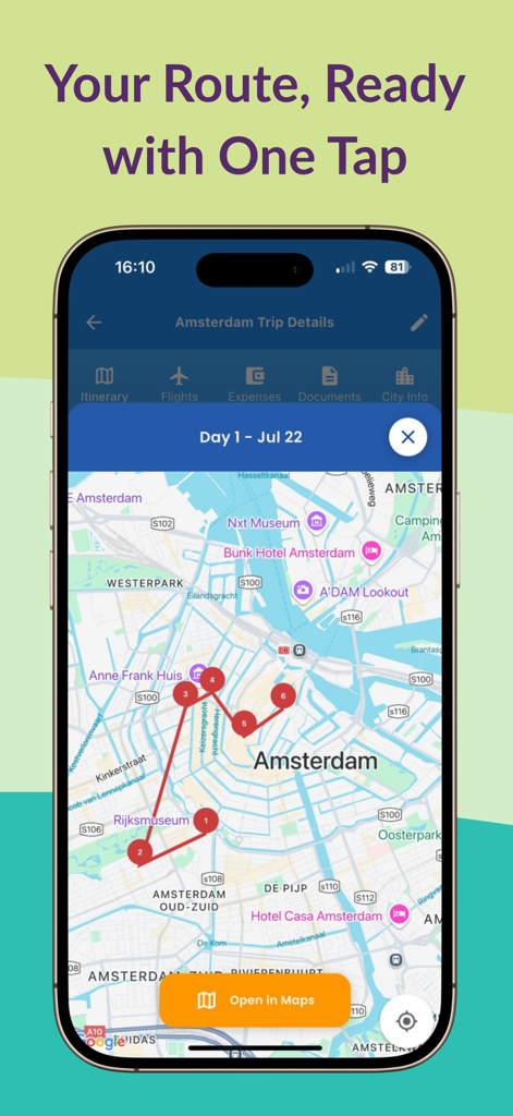 Trip Planner AI Routly app showing a detailed daily travel route on an Amsterdam map with numbered location markers.