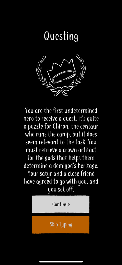 Pantalla de misión con texto de historia e ícono de corona de la aplicación Psyche Godly Origins