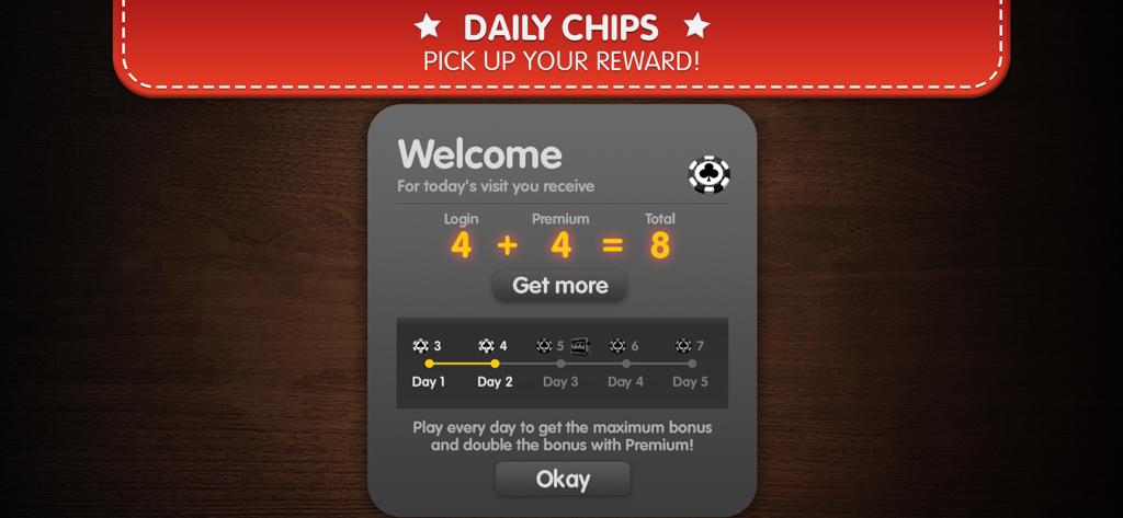 Schafkopf Sheepshead Online - Daily chips reward screen in the Sheepshead Palace app showing a login bonus calculation and a five day streak tracker.