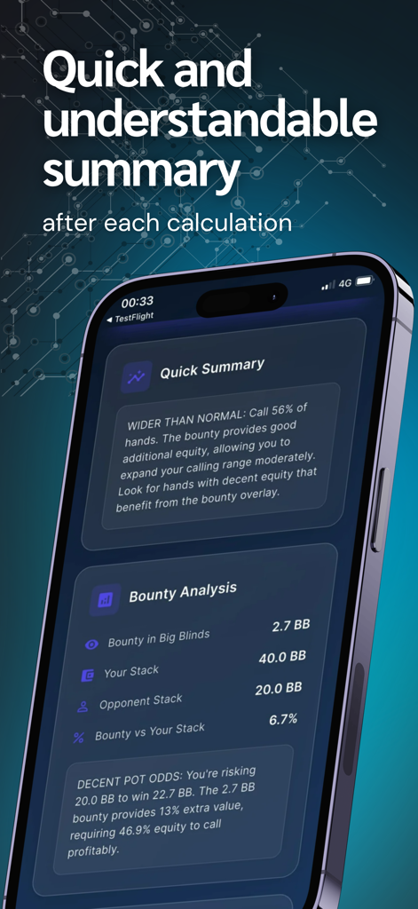 Interface d'une calculatrice de bounty de poker montrant un résumé rapide et une analyse de bounty pour une main.