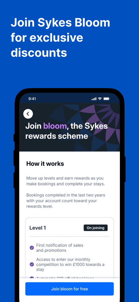 Sykes: Book Holidays You Love - Mobile screen showing the Sykes Bloom rewards scheme benefits and membership levels for holiday discounts