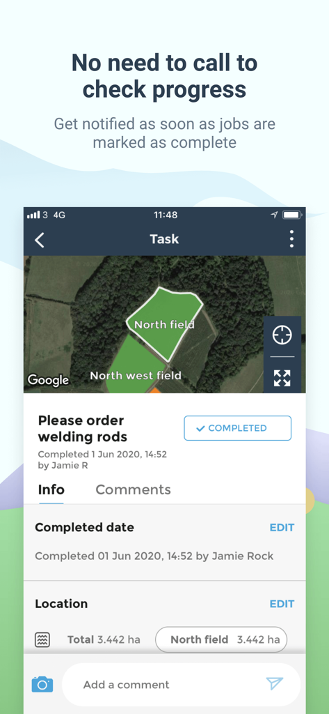 fieldmargin: manage your farm - 完了した農作業と畑の位置地図を表示するFieldmarginアプリのインターフェース