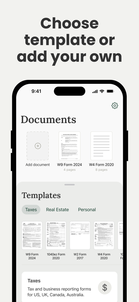 PDFフォームフィラーアプリのインターフェース。税金および不動産ドキュメントテンプレートを表示しています