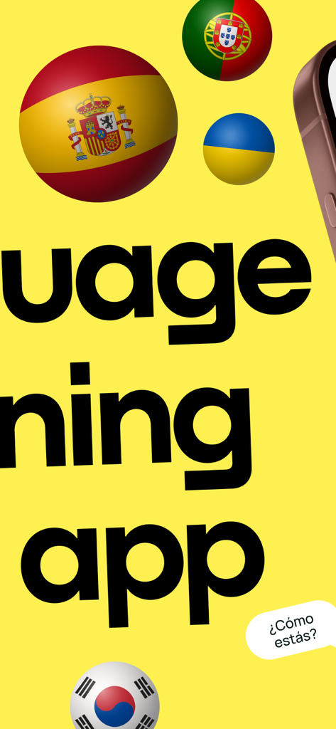 Promova: Language Learning App - Promova 언어 학습 앱 프로모션 그래픽, 노란색 배경에 세계 국기 표시