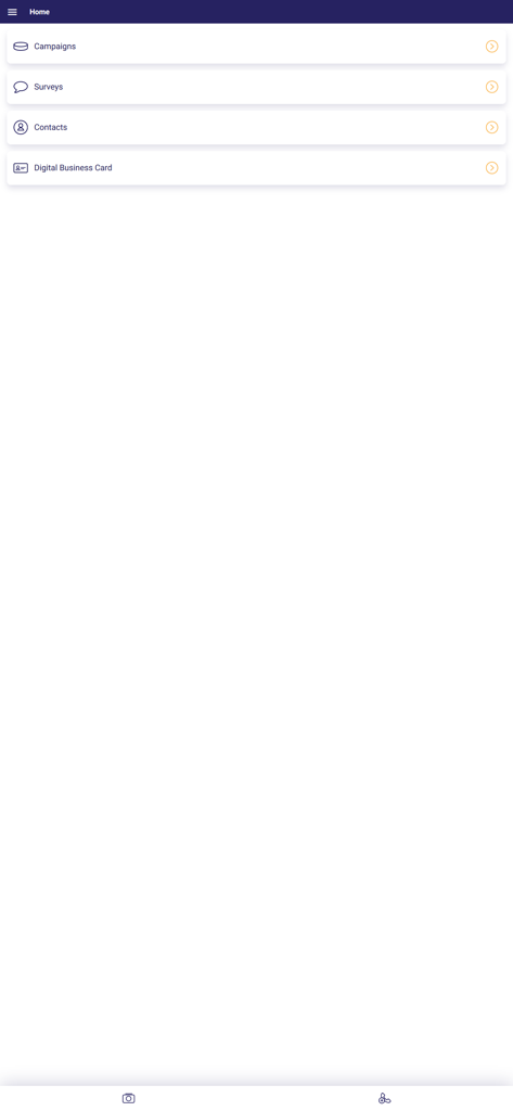 LinkFusions app home screen showing menu options for campaigns surveys contacts and digital business card