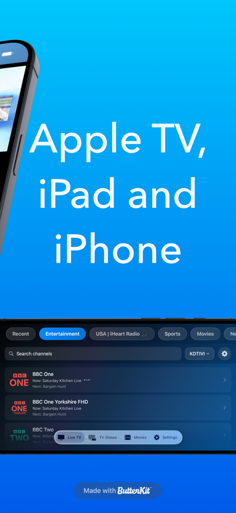 KDTIVI - IPTV, Plex & Stremio - KDTIVI app interface on iPhone showing live TV channel lists and categories with text highlighting Apple TV iPad and iPhone compatibility