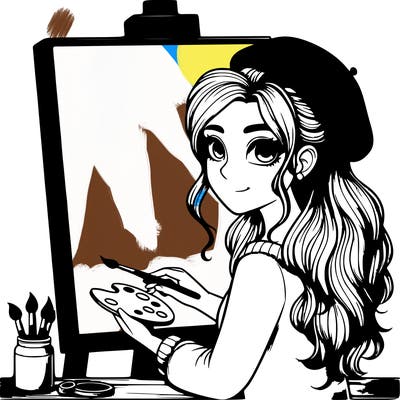 realistic girl artist painting a blank canvas