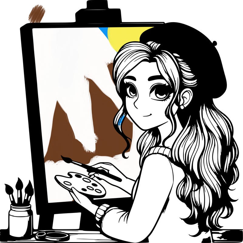 realistic girl artist painting a blank canvas