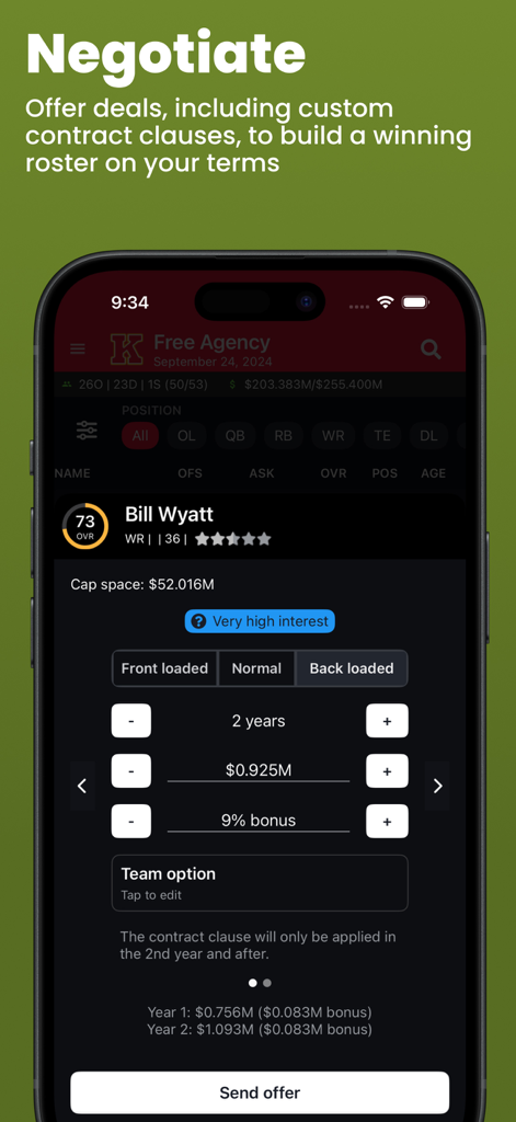 Football Legacy Manager 26 - Interface for negotiating a player contract with salary and bonus options in Football Legacy Manager 26