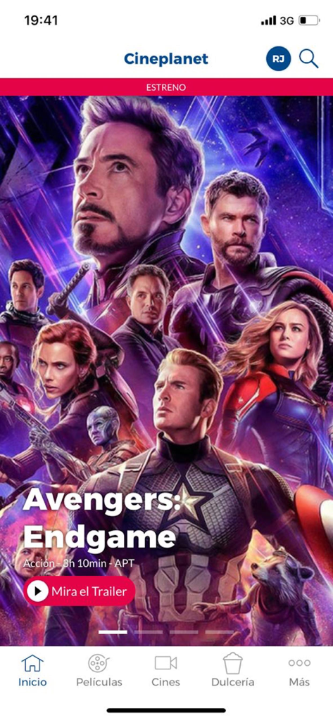 Cineplanet Peru mobile app home screen showing Avengers Endgame movie details and trailer button