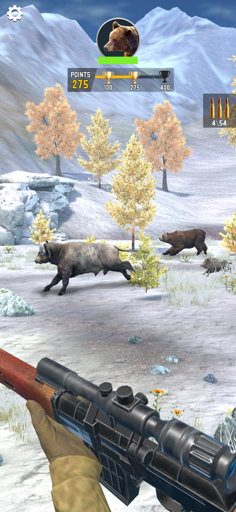 Sniper Shooter Wild - Ego-Perspektive eines Scharfschützengewehrs, das auf Wildtiere in einer verschneiten Berglandschaft zielt