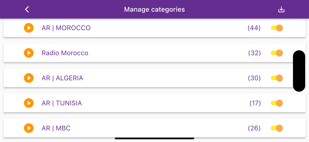 Playlist editor & IPTV Player - SageIPTV app screen for managing channel categories with toggle switches for different regions