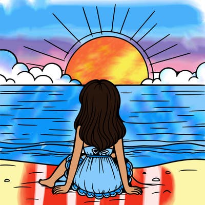 girl sitting on the beach with the sunset