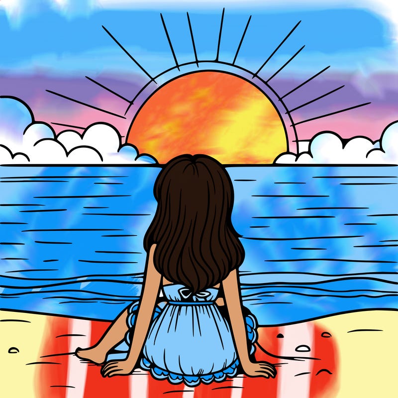 girl sitting on the beach with the sunset